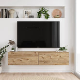 Vue latérale du meuble TV suspendu Oasis en bois clair avec finition naturelle
